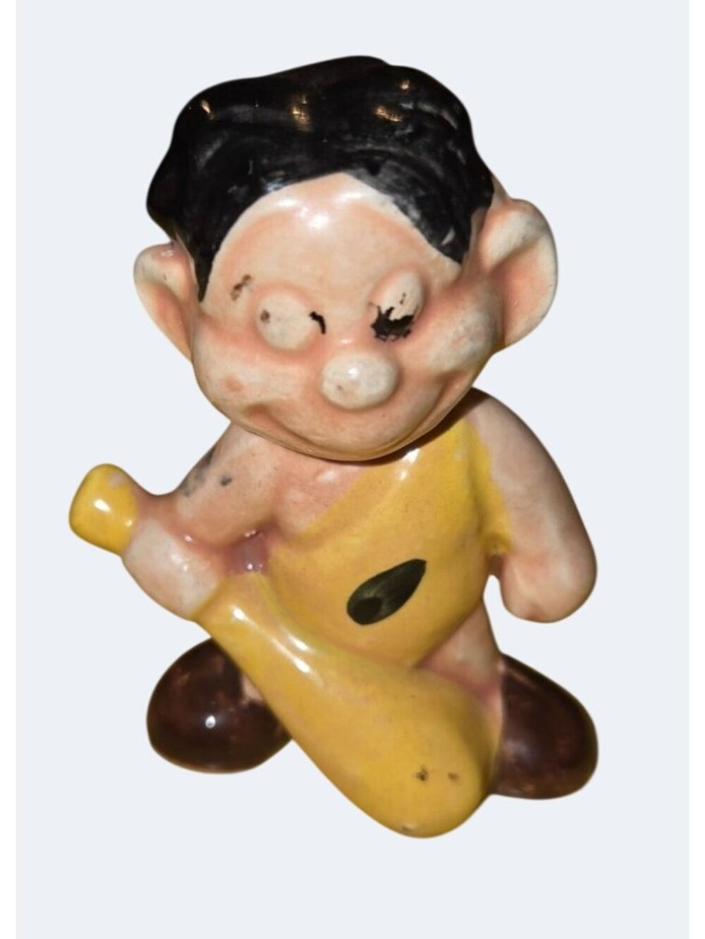 Vintage Ceramic Caveman Figurine With Black Hair & Yellow Outfit Hand-Painted De